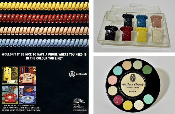Left – Bell advertisement showing various coloured telephones, 1967. Right - Colours samples used by Bell’s sales personnel.