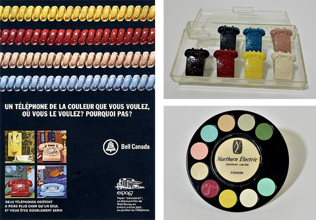 À gauche - Une publicité de Bell montrant plusieurs téléphones colorés (1967). À droite - Échantillons de couleur utilisés par le personnel des ventes de Bell.