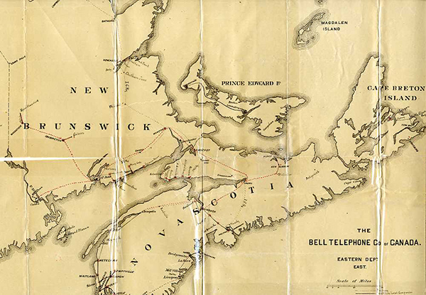 Carte illustrant les lignes téléphoniques érigées par Bell en 1887 dans l’est du pays (Nouvelle-Écosse, Nouveau-Brunswick et Île-du-Prince-Édouard) et celles proposées pour 1888.