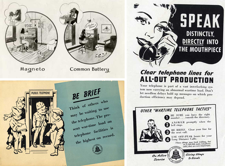 Various advertising between 1925 and 1940, guiding customers on how to use the telephone, and be brief when making a call.