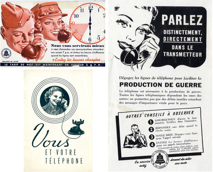 Diverses publicités datées de 1925 à 1940 guident les clients sur la façon d’utiliser le téléphone et demeurer bref lorsqu’ils font un appel.